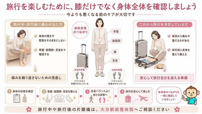 旅行中や旅行後の片膝痛は、膝だけでなく骨盤・股関節・足首を含めて確認することが大切です。旅行後の見直しと、旅行前に身体を整える重要性をまとめた画像です。 旅行中や旅行後の片膝痛は、膝だけでなく骨盤・股関節・足首を含めて確認することが大切です。旅行後の見直しと、旅行前に身体を整える重要性をまとめた画像です。