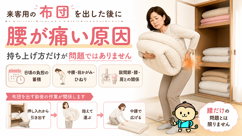 来客用の布団を出した後に腰が痛くなる原因を、日頃の負担の蓄積、中腰やひねり、股関節・膝・肩との関係から解説する記事のアイキャッチ画像です。持ち上げ方だけではなく、布団を出す前後の作業や身体全体の動きも関係することを伝えています。 来客用の布団を出した後に腰が痛くなる原因を、日頃の負担の蓄積、中腰やひねり、股関節・膝・肩との関係から解説する記事のアイキャッチ画像です。持ち上げ方だけではなく、布団を出す前後の作業や身体全体の動きも関係することを伝えています。