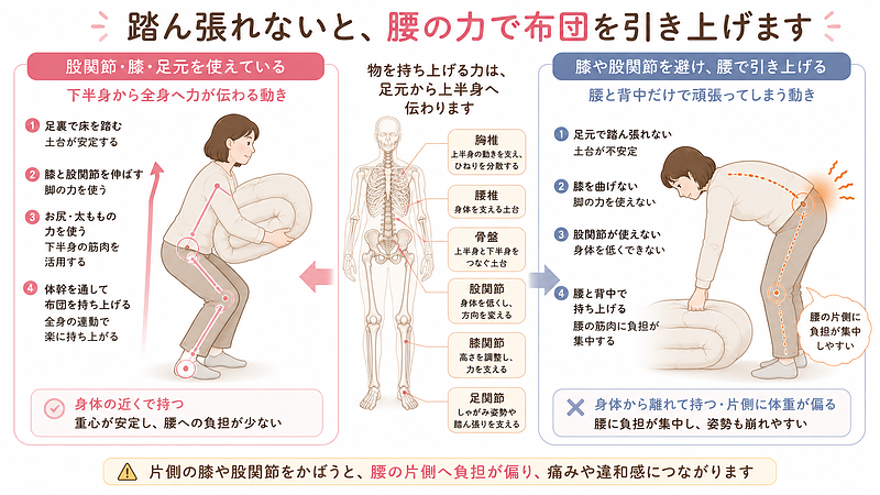 足裏で踏ん張り、膝や股関節を使って布団を持ち上げる動きと、下半身を使えず腰や背中に頼る動きを比較しています。片側の膝や股関節をかばうと、腰の片側へ負担が偏りやすくなります。 足裏で踏ん張り、膝や股関節を使って布団を持ち上げる動きと、下半身を使えず腰や背中に頼る動きを比較しています。片側の膝や股関節をかばうと、腰の片側へ負担が偏りやすくなります。
