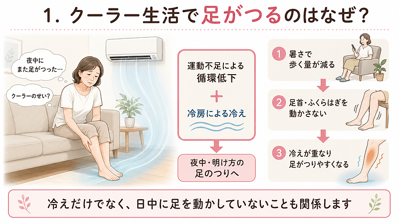 クーラー生活で足がつる背景を、日中の運動不足による循環低下と冷房による冷えが重なる流れで解説した画像です。 クーラー生活で足がつる背景を、日中の運動不足による循環低下と冷房による冷えが重なる流れで解説した画像です。