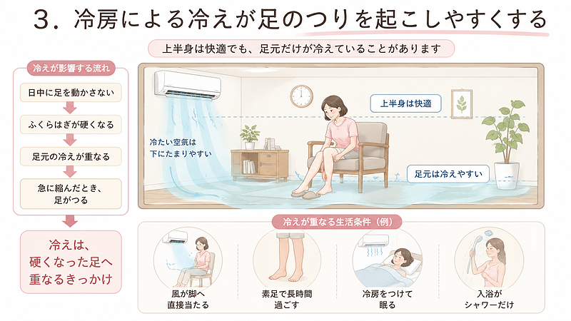冷たい空気が床付近にたまり、上半身は快適でも足元だけが冷えやすいことと、冷えが足のつりにつながる生活習慣をまとめた画像です。 冷たい空気が床付近にたまり、上半身は快適でも足元だけが冷えやすいことと、冷えが足のつりにつながる生活習慣をまとめた画像です。