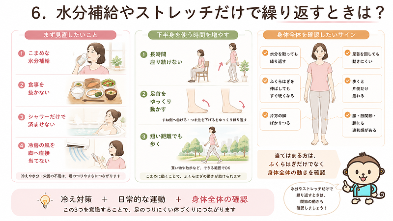 足のつりを繰り返すときに見直したい水分補給、食事、冷え対策、日常的な運動と、身体全体を確認したいサインをまとめた画像です。 足のつりを繰り返すときに見直したい水分補給、食事、冷え対策、日常的な運動と、身体全体を確認したいサインをまとめた画像です。