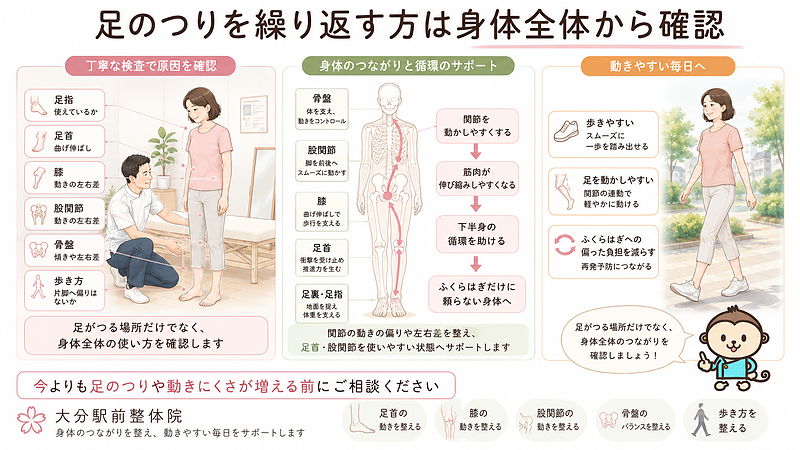 足のつりを繰り返す方に対し、足首、膝、股関節、骨盤、歩き方まで確認し、身体全体からふくらはぎへの負担軽減を目指す流れを示した画像です。 足のつりを繰り返す方に対し、足首、膝、股関節、骨盤、歩き方まで確認し、身体全体からふくらはぎへの負担軽減を目指す流れを示した画像です。