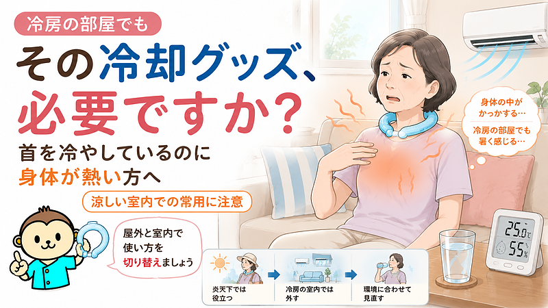 冷房の効いた室内で首に冷却リングを巻いているにもかかわらず、身体の中がかっかするような熱さを感じている女性を描いた記事サムネイルです。首用の冷却グッズは炎天下や屋外作業では役立ちますが、涼しい室内で長時間使い続ける必要はありません。首を冷やしているのに身体が熱い、外へ出るとすぐにバテるという方へ、屋外と室内で暑さ対策を切り替える大切さを伝えています。 冷房の効いた室内で首に冷却リングを巻いているにもかかわらず、身体の中がかっかするような熱さを感じている女性を描いた記事サムネイルです。首用の冷却グッズは炎天下や屋外作業では役立ちますが、涼しい室内で長時間使い続ける必要はありません。首を冷やしているのに身体が熱い、外へ出るとすぐにバテるという方へ、屋外と室内で暑さ対策を切り替える大切さを伝えています。