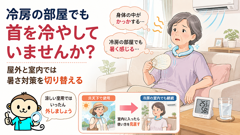 冷房の効いた室内でも首に冷却リングを巻き続け、身体の中がかっかするような熱さを感じている女性を描いた画像です。屋外では暑さ対策として役立つ冷却グッズも、涼しい室内へ入った後まで使い続ける必要はありません。室内では一度外し、室温や湿度、体調に合わせて使い方を切り替えることの大切さを伝えています。 冷房の効いた室内でも首に冷却リングを巻き続け、身体の中がかっかするような熱さを感じている女性を描いた画像です。屋外では暑さ対策として役立つ冷却グッズも、涼しい室内へ入った後まで使い続ける必要はありません。室内では一度外し、室温や湿度、体調に合わせて使い方を切り替えることの大切さを伝えています。