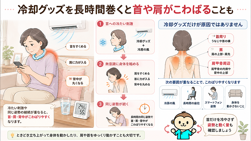 冷房の風が当たる室内で首に冷却リングを巻き、スマートフォンを見ながら同じ姿勢を続けることで、首や肩、肩甲骨周辺がこわばりやすくなる流れを示した画像です。冷たい刺激だけが原因ではなく、肩をすくめる姿勢、長時間の座位、背中を丸めたスマートフォン姿勢、身体を動かさないことが重なるため、首だけでなく姿勢や日中の活動量も見直す必要があります。 冷房の風が当たる室内で首に冷却リングを巻き、スマートフォンを見ながら同じ姿勢を続けることで、首や肩、肩甲骨周辺がこわばりやすくなる流れを示した画像です。冷たい刺激だけが原因ではなく、肩をすくめる姿勢、長時間の座位、背中を丸めたスマートフォン姿勢、身体を動かさないことが重なるため、首だけでなく姿勢や日中の活動量も見直す必要があります。