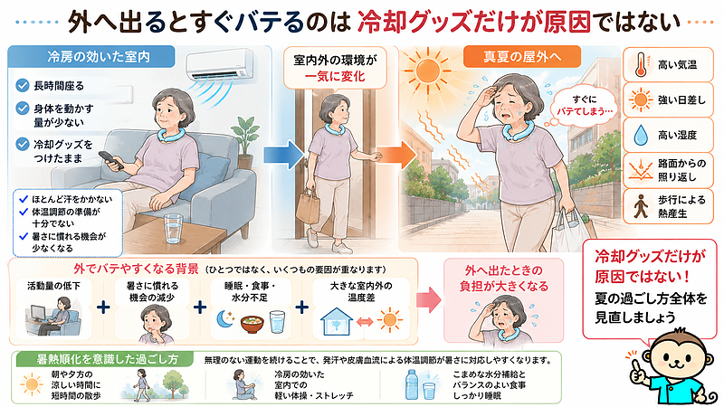 冷房の効いた室内で長時間座って過ごした後、猛暑の屋外へ出ることで、高い気温や湿度、強い日差し、路面からの照り返し、歩行による熱産生が一度に加わる様子を示した画像です。外ですぐにバテる背景には、冷却グッズだけでなく、活動量の低下、暑さに慣れる機会の減少、睡眠・食事・水分不足、大きな室内外の温度差などが重なっている可能性があります。 冷房の効いた室内で長時間座って過ごした後、猛暑の屋外へ出ることで、高い気温や湿度、強い日差し、路面からの照り返し、歩行による熱産生が一度に加わる様子を示した画像です。外ですぐにバテる背景には、冷却グッズだけでなく、活動量の低下、暑さに慣れる機会の減少、睡眠・食事・水分不足、大きな室内外の温度差などが重なっている可能性があります。