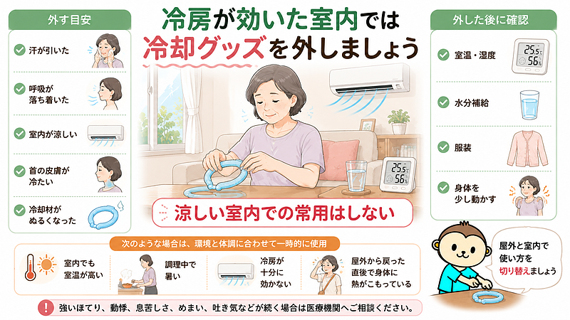 冷房の効いた涼しい室内では首用の冷却グッズを外し、室温と湿度、水分補給、服装、身体の状態を確認することを示した行動提案画像です。汗が引き、呼吸が落ち着き、首の皮膚が冷たくなっている場合や、冷却材がぬるくなった場合は、常用を続けず一度外しましょう。強いほてりや動悸、息苦しさ、めまい、吐き気などが続く場合は、冷却グッズだけで対処せず医療機関へ相談することも大切です。 冷房の効いた涼しい室内では首用の冷却グッズを外し、室温と湿度、水分補給、服装、身体の状態を確認することを示した行動提案画像です。汗が引き、呼吸が落ち着き、首の皮膚が冷たくなっている場合や、冷却材がぬるくなった場合は、常用を続けず一度外しましょう。強いほてりや動悸、息苦しさ、めまい、吐き気などが続く場合は、冷却グッズだけで対処せず医療機関へ相談することも大切です。