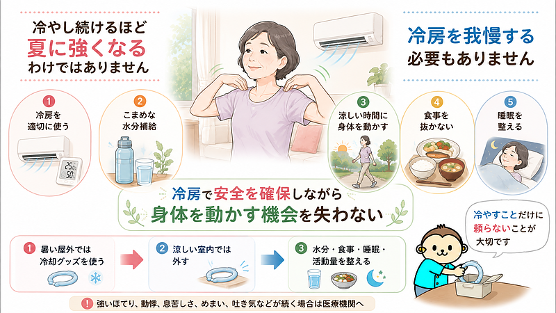 夏を楽に過ごすためには身体を冷やし続けるのではなく、冷房を適切に使いながら、水分補給、食事、睡眠、日中の活動量を整えることが大切だと伝えるまとめ画像です。暑い屋外では冷却グッズを活用し、涼しい室内では外すなど、環境に応じて使い方を切り替えましょう。冷房を我慢する必要はありませんが、安全を確保しながら身体を動かす機会を失わないことが、夏の不調を防ぐポイントです。 夏を楽に過ごすためには身体を冷やし続けるのではなく、冷房を適切に使いながら、水分補給、食事、睡眠、日中の活動量を整えることが大切だと伝えるまとめ画像です。暑い屋外では冷却グッズを活用し、涼しい室内では外すなど、環境に応じて使い方を切り替えましょう。冷房を我慢する必要はありませんが、安全を確保しながら身体を動かす機会を失わないことが、夏の不調を防ぐポイントです。