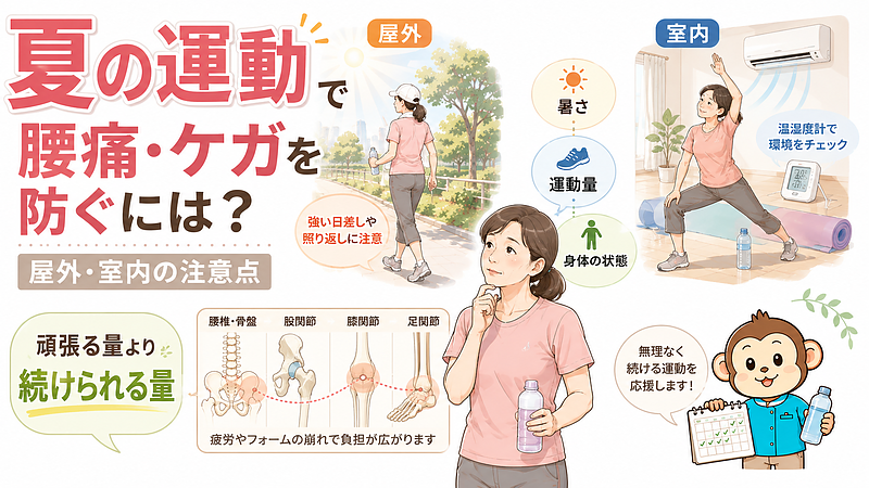 夏の屋外・室内運動で腰痛やケガを防ぐために、暑さ、運動量、身体の状態を確認し、頑張る量より続けられる量を選ぶことを伝える記事用サムネイル画像です。 夏の屋外・室内運動で腰痛やケガを防ぐために、暑さ、運動量、身体の状態を確認し、頑張る量より続けられる量を選ぶことを伝える記事用サムネイル画像です。