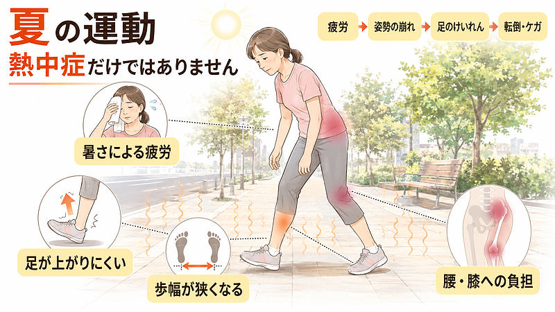 夏の屋外運動では、熱中症だけでなく、暑さによる疲労で姿勢や歩き方が崩れ、足のけいれんや腰・膝への負担、転倒やケガにつながる可能性があることを示した画像です。 夏の屋外運動では、熱中症だけでなく、暑さによる疲労で姿勢や歩き方が崩れ、足のけいれんや腰・膝への負担、転倒やケガにつながる可能性があることを示した画像です。