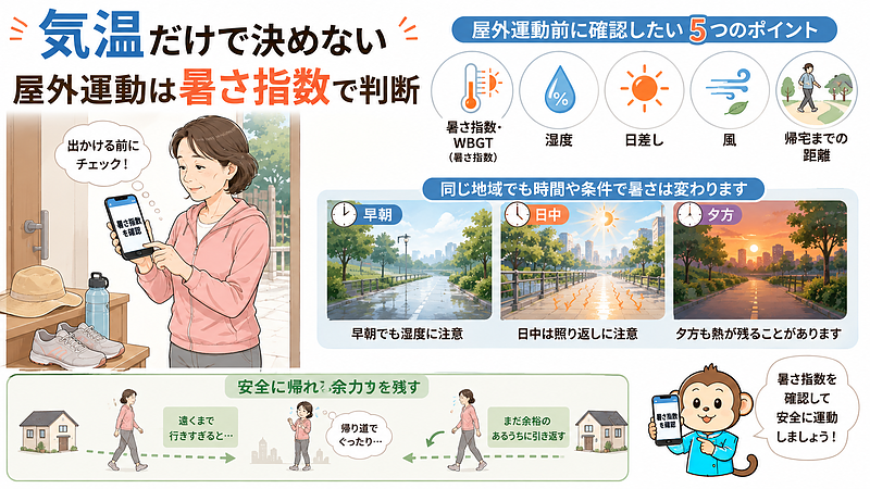 屋外運動は気温だけで判断せず、暑さ指数・湿度・日差し・風・帰宅までの距離を確認し、安全に帰れる余力を残すことを示した画像です。 屋外運動は気温だけで判断せず、暑さ指数・湿度・日差し・風・帰宅までの距離を確認し、安全に帰れる余力を残すことを示した画像です。