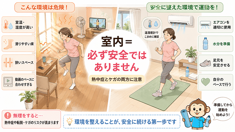 室内でも高温多湿や滑りやすい床、狭いスペース、無理な運動ペースによって、熱中症や転倒、ケガが起こる可能性があることを比較した画像です。 室内でも高温多湿や滑りやすい床、狭いスペース、無理な運動ペースによって、熱中症や転倒、ケガが起こる可能性があることを比較した画像です。