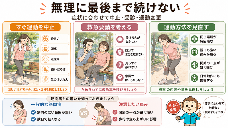 運動中にめまいや頭痛などが出た場合の中止判断、救急要請を考える症状、運動方法を見直す痛みの目安を整理した画像です。 運動中にめまいや頭痛などが出た場合の中止判断、救急要請を考える症状、運動方法を見直す痛みの目安を整理した画像です。