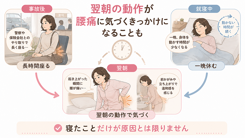 事故後の長時間座位や一晩身体を動かさない時間を経て、翌朝の起き上がりや前かがみで腰痛に気づくことがある流れを示した図です。
