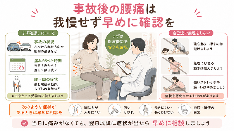 交通事故後に腰痛が出た場合は自己流の強いマッサージやストレッチを避け、事故状況や症状の経過を整理して早めに医療機関へ相談することを示した図です。