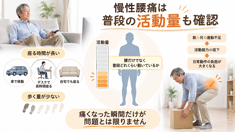 慢性腰痛が長引く背景として、座る時間の長さや歩く量の少なさなど、普段の活動量も確認する大切さを示した図です。