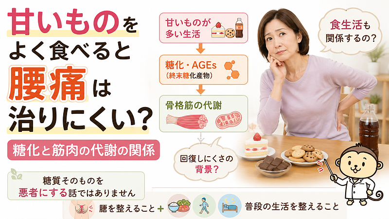 甘いものが多い生活と糖化、骨格筋の代謝との関係を分かりやすくまとめた記事です。糖質そのものを悪者にせず、腰痛が治りにくい背景として食生活や身体の回復力を考えます。