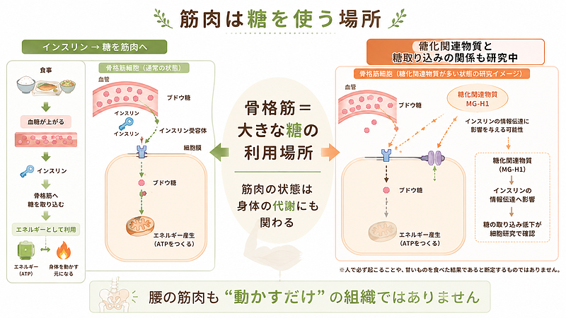 骨格筋は、食事から得た糖を取り込み、エネルギーとして利用する大切な代謝組織です。糖化に関連する物質が、筋肉への糖の取り込みに影響する可能性も研究されています。