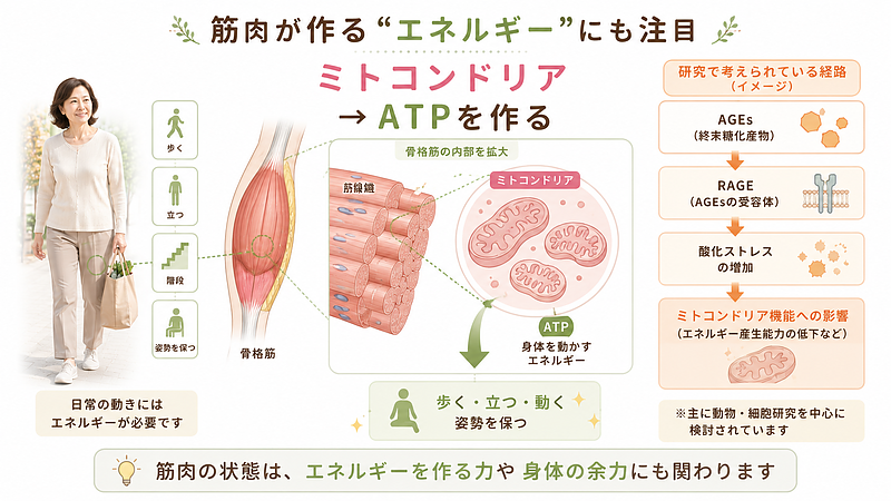 骨格筋のミトコンドリアは、歩く・立つ・姿勢を保つために必要なエネルギーを作ります。糖化に関わるAGE-RAGE系とミトコンドリア機能との関係は、動物・細胞研究を中心に調べられています。