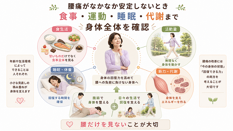 腰痛がなかなか安定しないときは、食生活・運動・睡眠・筋力や代謝まで含めて身体全体を見直すことが大切です。施術と日々の過ごし方の両方から、回復しやすい状態を整えていきます。