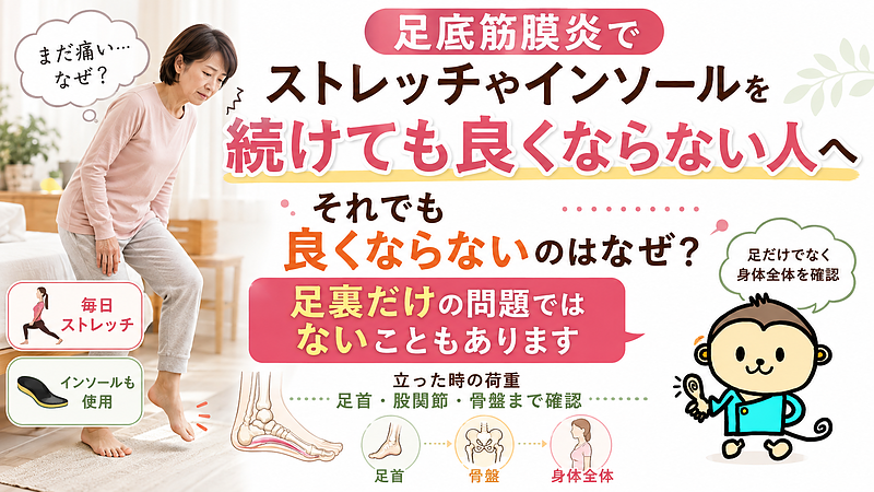 足底筋膜炎でストレッチやインソールを続けても改善しない方へ、足裏だけでなく立った時の荷重、足首・股関節・骨盤など身体全体の状態を確認する大切さを伝える記事です。