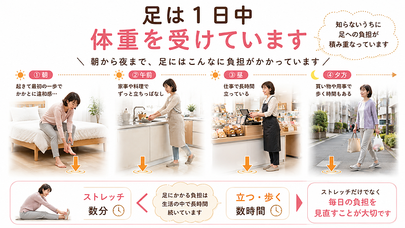 足は朝の一歩目から家事、仕事、買い物まで、一日の中で長時間体重を受け続けています。ストレッチの時間だけでなく、立つ・歩くことで積み重なる日常の負担も確認することが大切です。