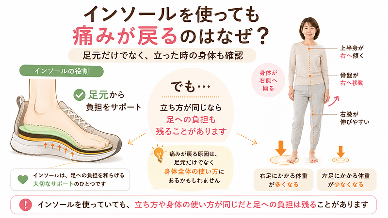 インソールは足元の負担を軽減する大切なサポートですが、立ち方や身体の傾き、左右の荷重差が残っていると、足への負担が続くことがあります。足元だけでなく身体全体の使い方を確認することが重要です。