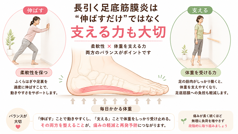長く続く足底筋膜炎では、ふくらはぎや足裏を伸ばすだけでなく、足が体重を受け止める力も重要になります。柔軟性と支える力の両方を、痛みの状態に合わせて段階的に整えていくことが大切です。