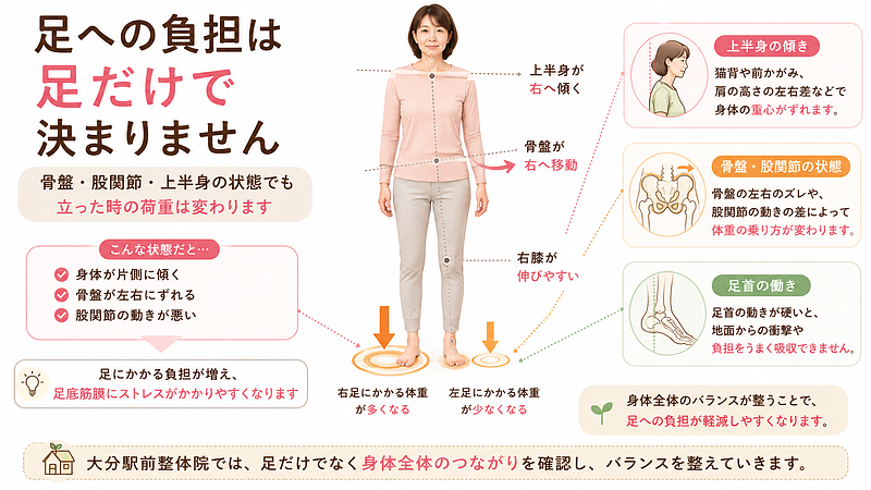 足にかかる負担は、足首だけで決まるものではありません。上半身の傾きや骨盤・股関節の状態によって体重の乗り方が変わるため、大分駅前整体院では身体全体のつながりを確認しながらバランスを整えています。