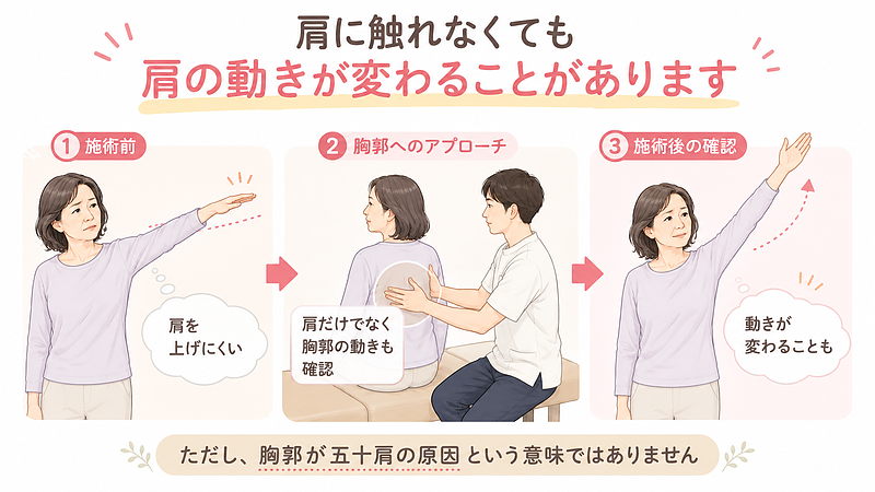 肩だけでなく胸郭の動きを確認・調整することで、肩の動きが変化することもあります。肩以外の部位を見る意味を示した画像です。