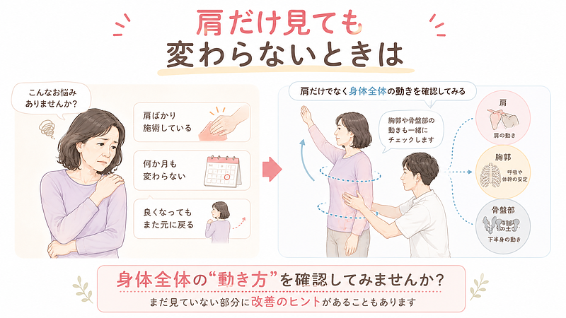 肩周辺への施術を続けても変化が少ない場合は、胸郭や骨盤部を含めた身体全体の動きを確認することも大切です。別の視点を持つ意味を示した画像です。