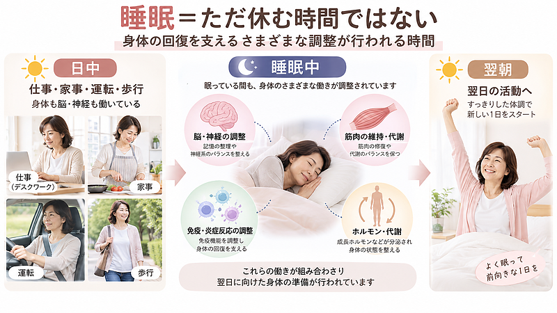 睡眠は単なる休息ではなく、脳や神経、筋肉、免疫、ホルモンなど、身体の回復を支えるさまざまな調整と関係しています。 睡眠は単なる休息ではなく、脳や神経、筋肉、免疫、ホルモンなど、身体の回復を支えるさまざまな調整と関係しています。