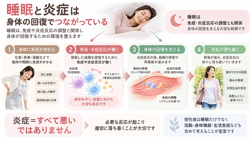 炎症は身体を守り回復へ向かうために必要な反応でもあり、睡眠は免疫や炎症反応の調整と関係しています。 炎症は身体を守り回復へ向かうために必要な反応でもあり、睡眠は免疫や炎症反応の調整と関係しています。