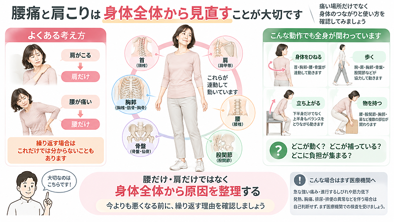 腰痛と肩こりを繰り返すときは、腰だけ・肩だけを見るのではなく、身体をひねる・歩く・立ち上がるなどの日常動作まで含めて身体全体から見直すことが大切です。 腰痛と肩こりを繰り返すときは、腰だけ・肩だけを見るのではなく、身体をひねる・歩く・立ち上がるなどの日常動作まで含めて身体全体から見直すことが大切です。