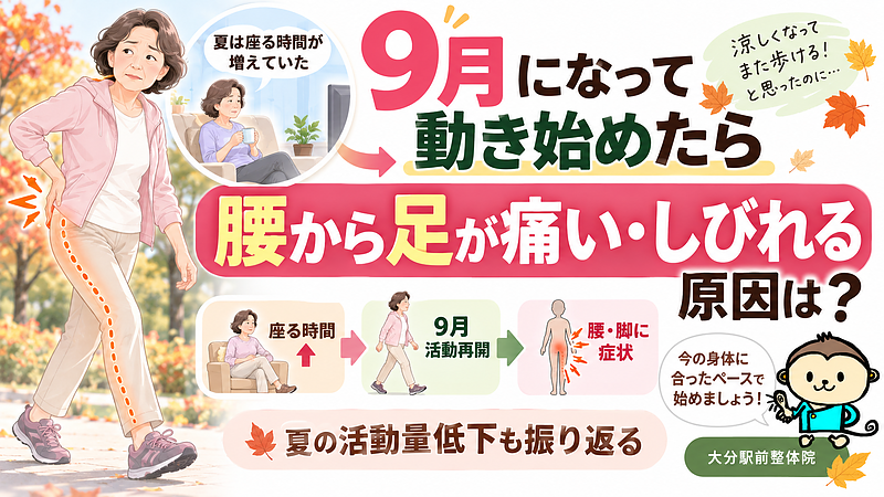 夏に座って過ごす時間が増え、9月になって散歩や外出を再開したら腰から足に痛み・しびれが出てきた方へ。夏の活動量の変化と、秋に身体を動かし始める際に確認したいポイントを紹介します。 夏に座って過ごす時間が増え、9月になって散歩や外出を再開したら腰から足に痛み・しびれが出てきた方へ。夏の活動量の変化と、秋に身体を動かし始める際に確認したいポイントを紹介します。