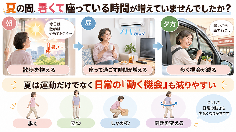 夏の暑さで散歩や外出を控えると、運動だけでなく歩く・立つ・しゃがむなど、日常生活で身体を動かす機会も少なくなります。 夏の暑さで散歩や外出を控えると、運動だけでなく歩く・立つ・しゃがむなど、日常生活で身体を動かす機会も少なくなります。