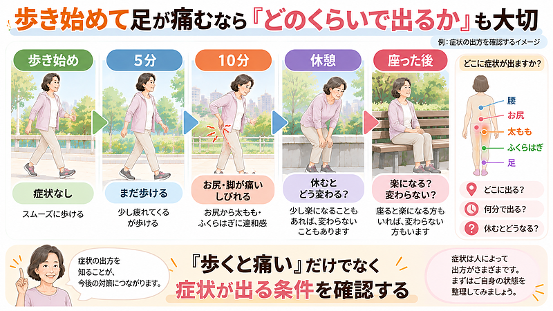 「歩くと痛い」だけでなく、何分くらいで、どこに症状が出て、休むとどう変化するのかも大切な情報です。腰や脚の状態を考えるために、症状が出る条件を整理してみましょう。 「歩くと痛い」だけでなく、何分くらいで、どこに症状が出て、休むとどう変化するのかも大切な情報です。腰や脚の状態を考えるために、症状が出る条件を整理してみましょう。