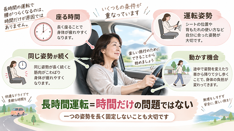 長時間運転では、座る時間だけでなく、運転姿勢や同じ姿勢が続くこと、途中で身体を動かす機会など複数の条件を合わせて考えることが大切です。