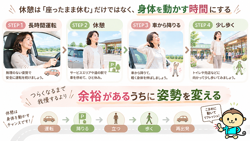 長時間運転では、つらくなるまで我慢せず、途中で車から降りて立つ・少し歩くなど、姿勢を変える機会をつくりましょう。