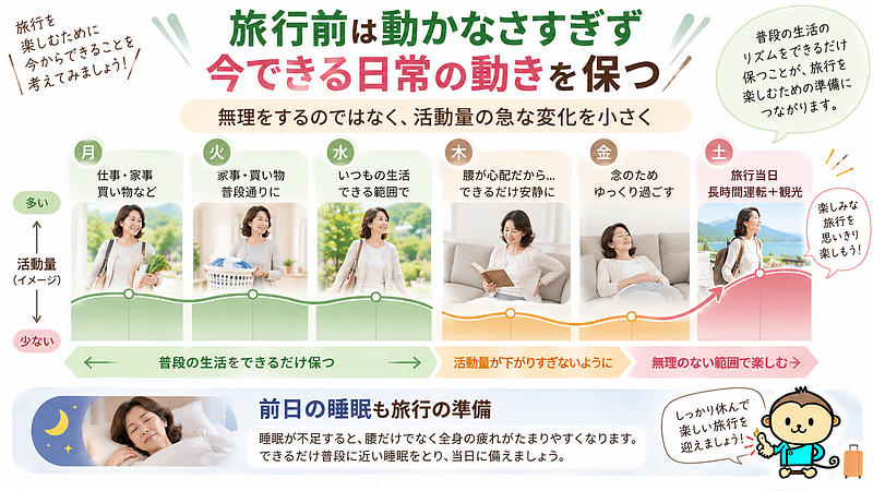 旅行前に腰が心配でも必要以上に動かなくなるのではなく、無理のない範囲で普段の生活を保ち、活動量の急な変化を小さくすることも大切です。
