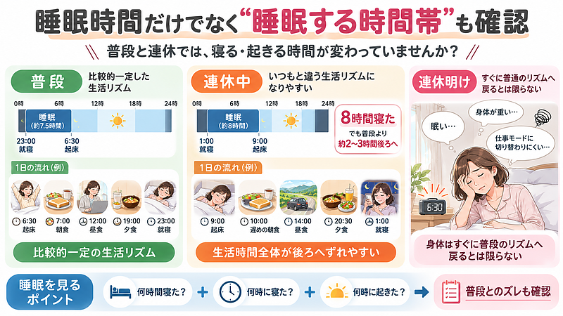 普段と連休中の睡眠時間帯を比較し、睡眠時間だけでなく、寝る時間・起きる時間が普段からどの程度ずれているか確認する大切さを表しています。