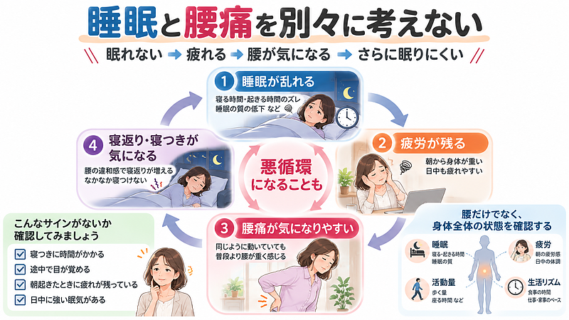 睡眠の乱れ、疲労、腰痛、寝つきなどが互いに影響し、悪循環になることがあります。腰だけでなく、睡眠や疲労、生活リズムも一緒に確認することが大切です。