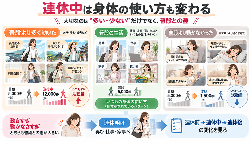 旅行などで普段より多く動く場合も、自宅で過ごして活動量が減る場合もあります。連休前・連休中・連休後で身体の使い方がどう変わったか確認しましょう。