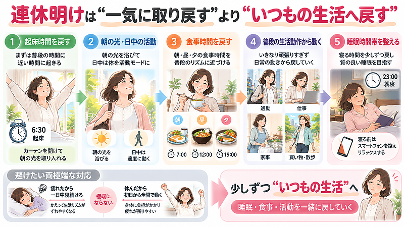 連休明けは一気に元のペースへ戻そうとせず、起床・食事・日中の活動・睡眠などを少しずつ普段の生活リズムへ戻していくことが大切です。