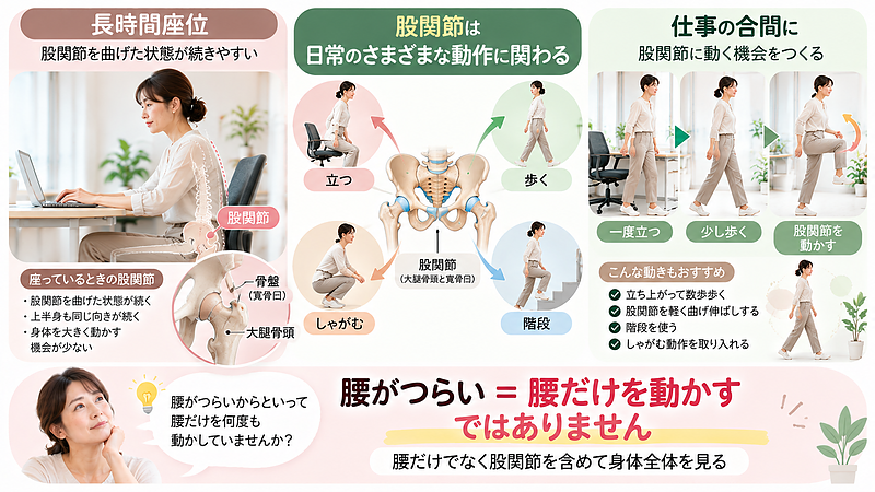長時間座った後は腰だけを動かすのではなく、立つ・歩くなどで股関節にも動く機会をつくり、身体全体を使うことを意識してみましょう。