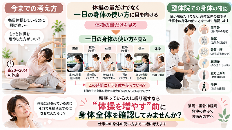 毎日体操していても症状を繰り返す場合は、体操を増やす前に、股関節・骨盤・腰・胸郭・肩甲骨など身体全体と仕事中の使い方を確認してみましょう。