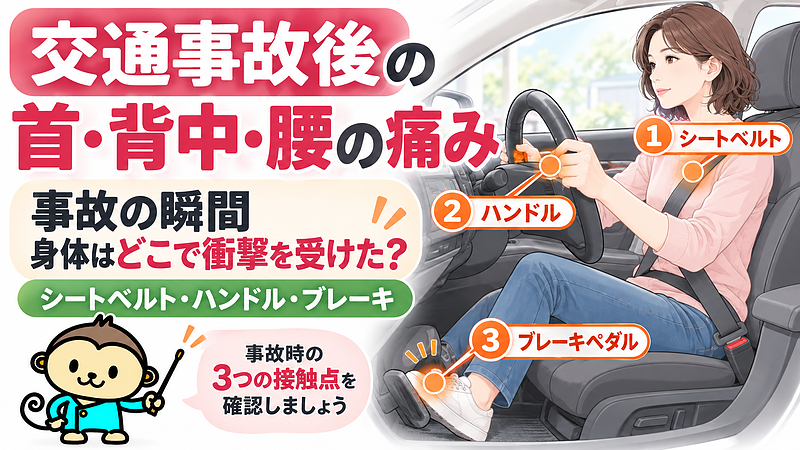 交通事故後の首・背中・腰の痛みを、シートベルト・ハンドル・ブレーキペダルという事故時の3つの接触点から考える記事です。