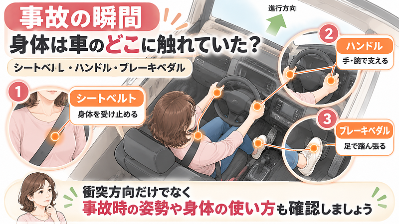 事故の瞬間は、シートベルト・ハンドル・ブレーキペダルなど複数の場所で身体と車が接しているため、事故時の姿勢や身体の使い方も確認します。