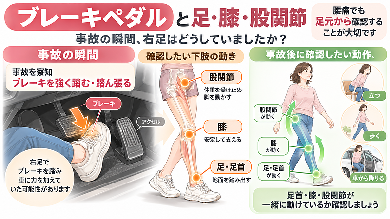事故時に右足で強くブレーキを踏んでいた場合は、腰だけでなく足首・膝・股関節の動きや、立つ・歩くときの下半身の連動も確認します。